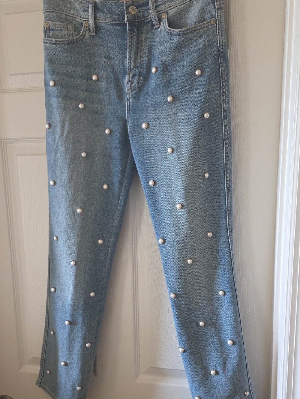 7 For All Mankind Light Blue Pearl-Embellished Cropped Jeans